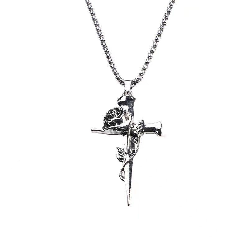 Wholesale Retro Rose Cross Hip Hop Couple Alloy Pendant Sweater Chain Necklace